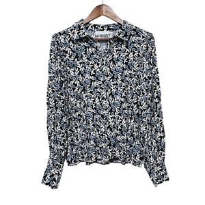 Primark Cares Floral Button-Up Blouse Sz 12 Balloon Sleeves Blue Ruffles Boho